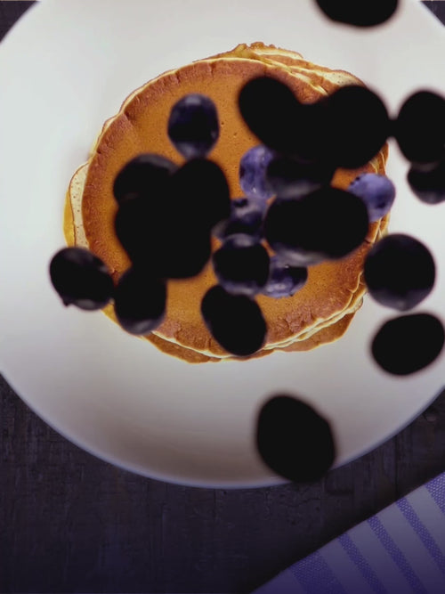 Blueberry flavored pancakes made with Hack The Bread mix